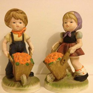 Flambro Collectors Choice Lot of 2 Vintage Figurine Boy Girl Gardening 8"